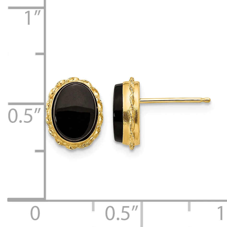 Two gold-toned oval stud earrings with black onyx centers and textured borders, shown from front and side views next to a measurement scale.