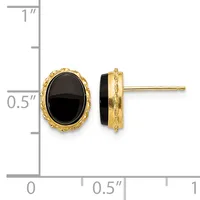 Two gold-toned oval stud earrings with black onyx centers and textured borders, shown from front and side views next to a measurement scale.