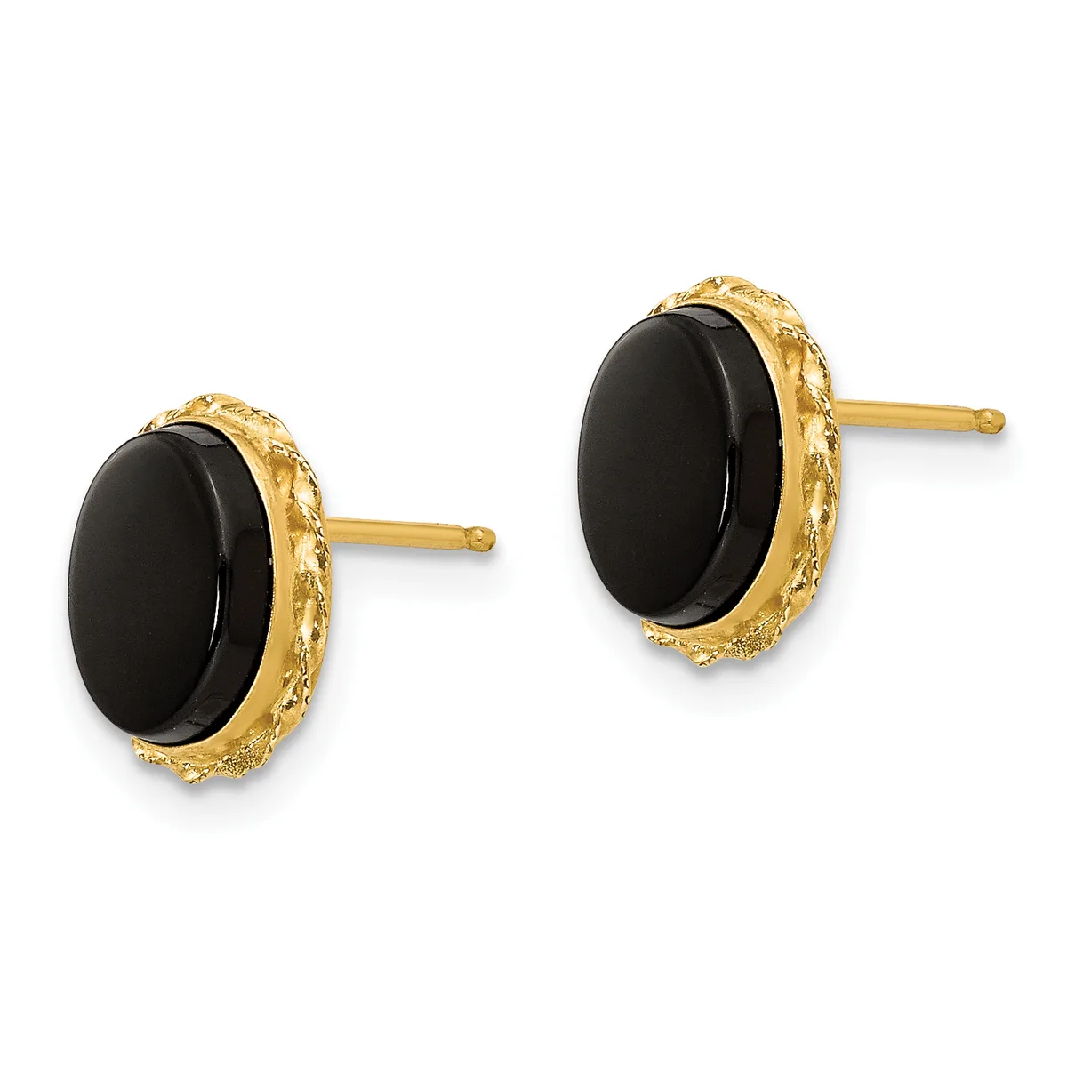 A pair of gold stud earrings with oval black onyx stones surrounded by a textured gold bezel setting.