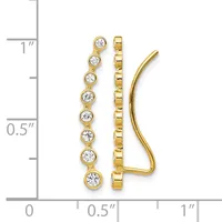 Three gold earrings displayed against a measurement scale: a curved ear wire, a box chain link design, and a linear drop with nine round bezel-set cubic zirconia stones.