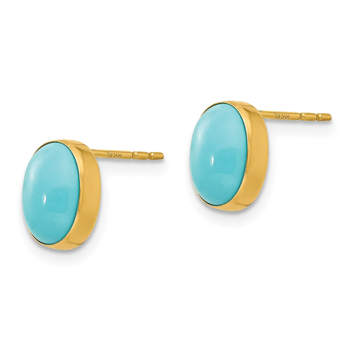 A pair of turquoise oval cabochon stud earrings with gold bezels and posts displayed side by side.