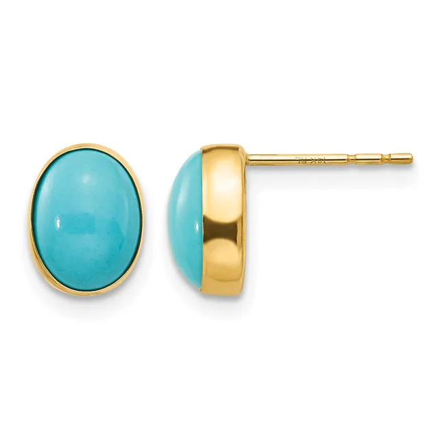 Pair of oval turquoise cabochon stud earrings set in polished gold bezels, shown from front and side views.