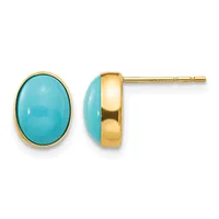 Pair of oval turquoise cabochon stud earrings set in polished gold bezels, shown from front and side views.