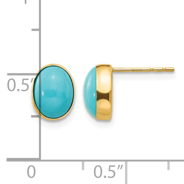 A pair of gold stud earrings with oval turquoise cabochon stones set in bezel settings, shown front and side view with a measurement scale indicating approximately 0.5 inches in height.