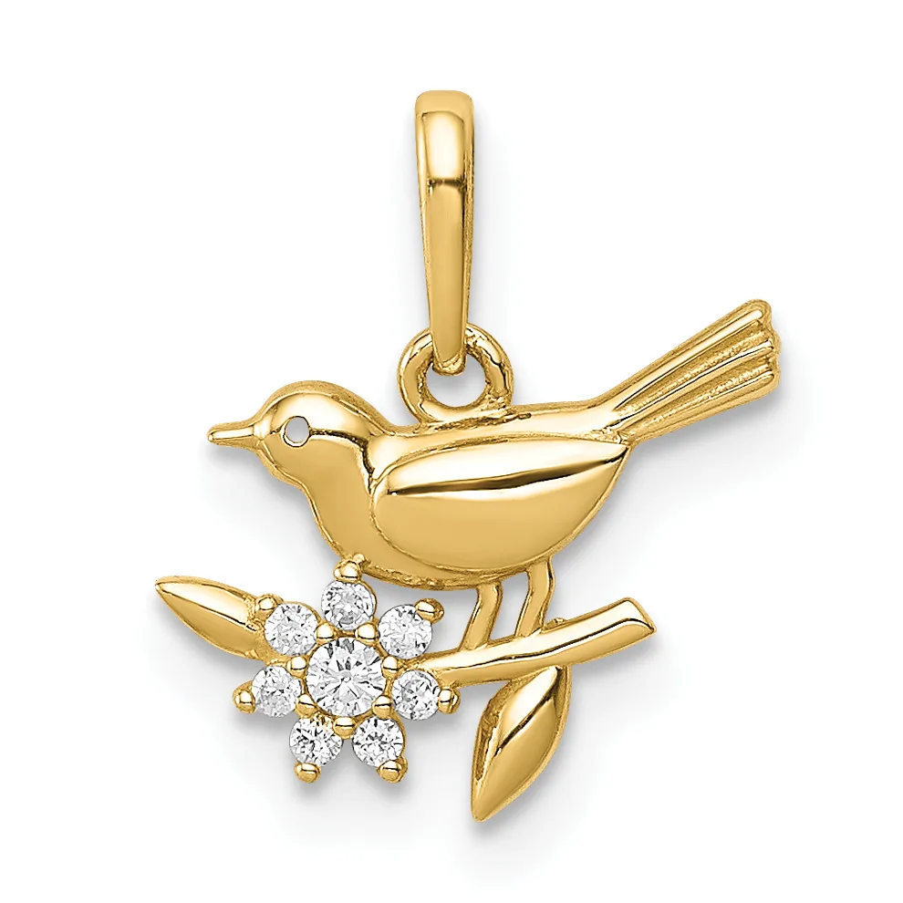 Gold bird pendant on a branch with a cluster of round diamonds, shown against a white background.