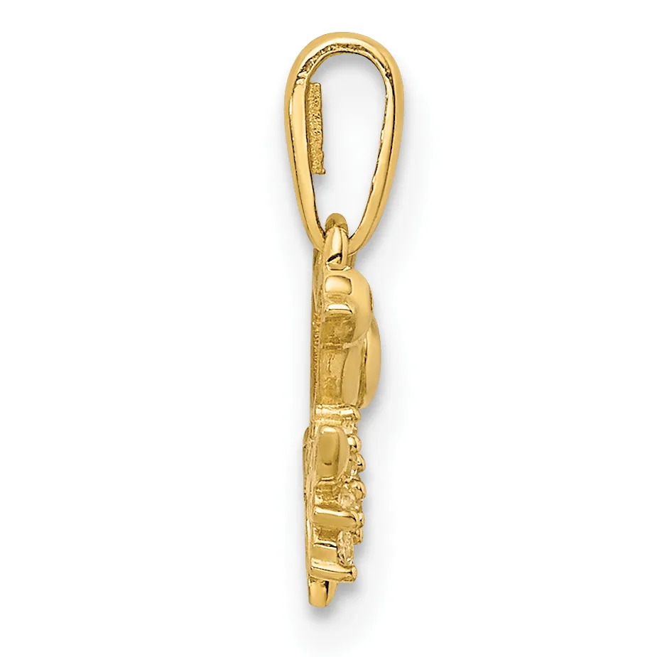 Gold-toned train locomotive pendant with a lobster claw clasp, shown hanging vertically against a white background.