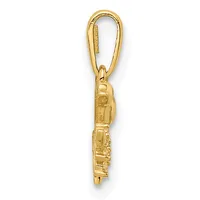 Gold-toned train locomotive pendant with a lobster claw clasp, shown hanging vertically against a white background.