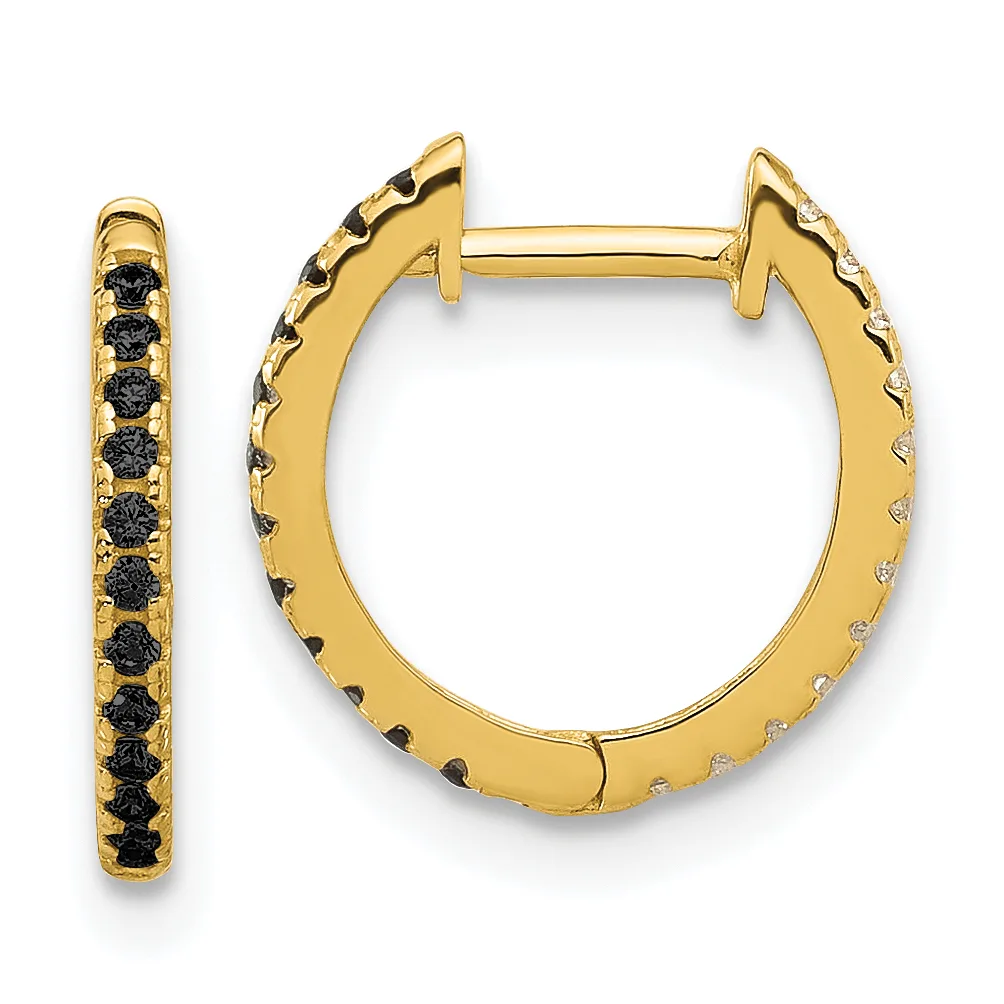 Pair of gold hoop earrings with black diamonds set along the inner and outer edges, shown from front and side views.