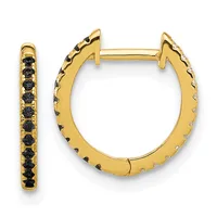 Pair of gold hoop earrings with black diamonds set along the inner and outer edges, shown from front and side views.