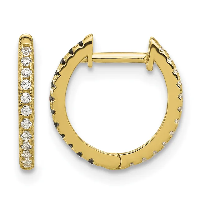 A pair of gold hoop earrings with hinged backs, featuring round diamonds set along the outer surface on both the front and back.