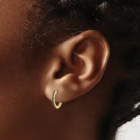 A gold textured hoop earring worn in the earlobe of a person with brown skin and dark hair.