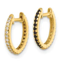 A pair of gold hoop earrings with hinged backs, one lined with white diamonds and one with black diamonds along the outer edge.