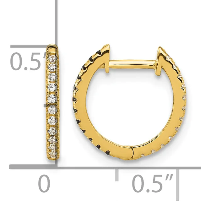Gold hoop earrings with diamond accents shown with measurement ruler indicating approximately 0.5 inches in diameter.