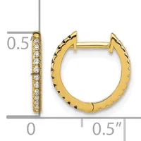 Gold hoop earrings with diamond accents shown with measurement ruler indicating approximately 0.5 inches in diameter.