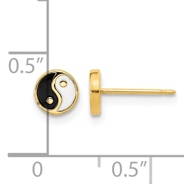 Gold-plated stud earrings featuring black and white yin-yang circle design with small gold dots, shown front and side view on a measurement scale.