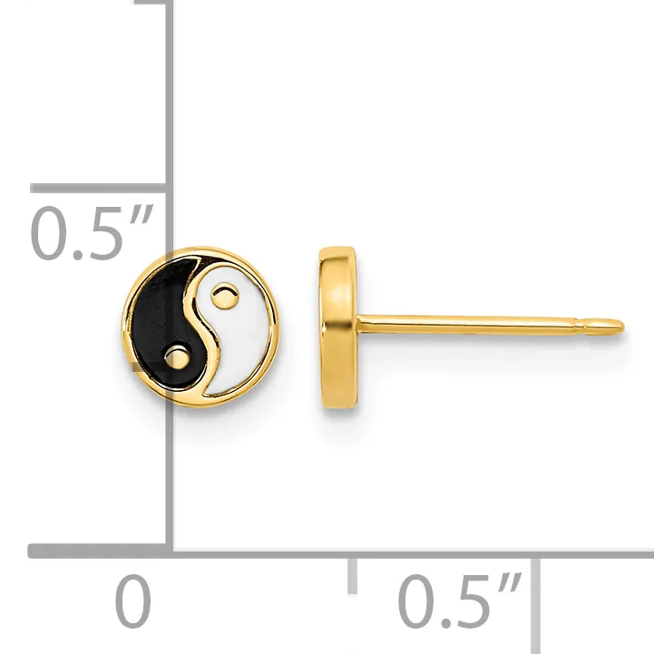 Gold-plated stud earrings featuring black and white yin-yang circle design with small gold dots, shown front and side view on a measurement scale.