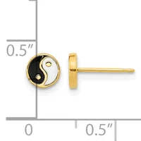 Gold-plated stud earrings featuring black and white yin-yang circle design with small gold dots, shown front and side view on a measurement scale.