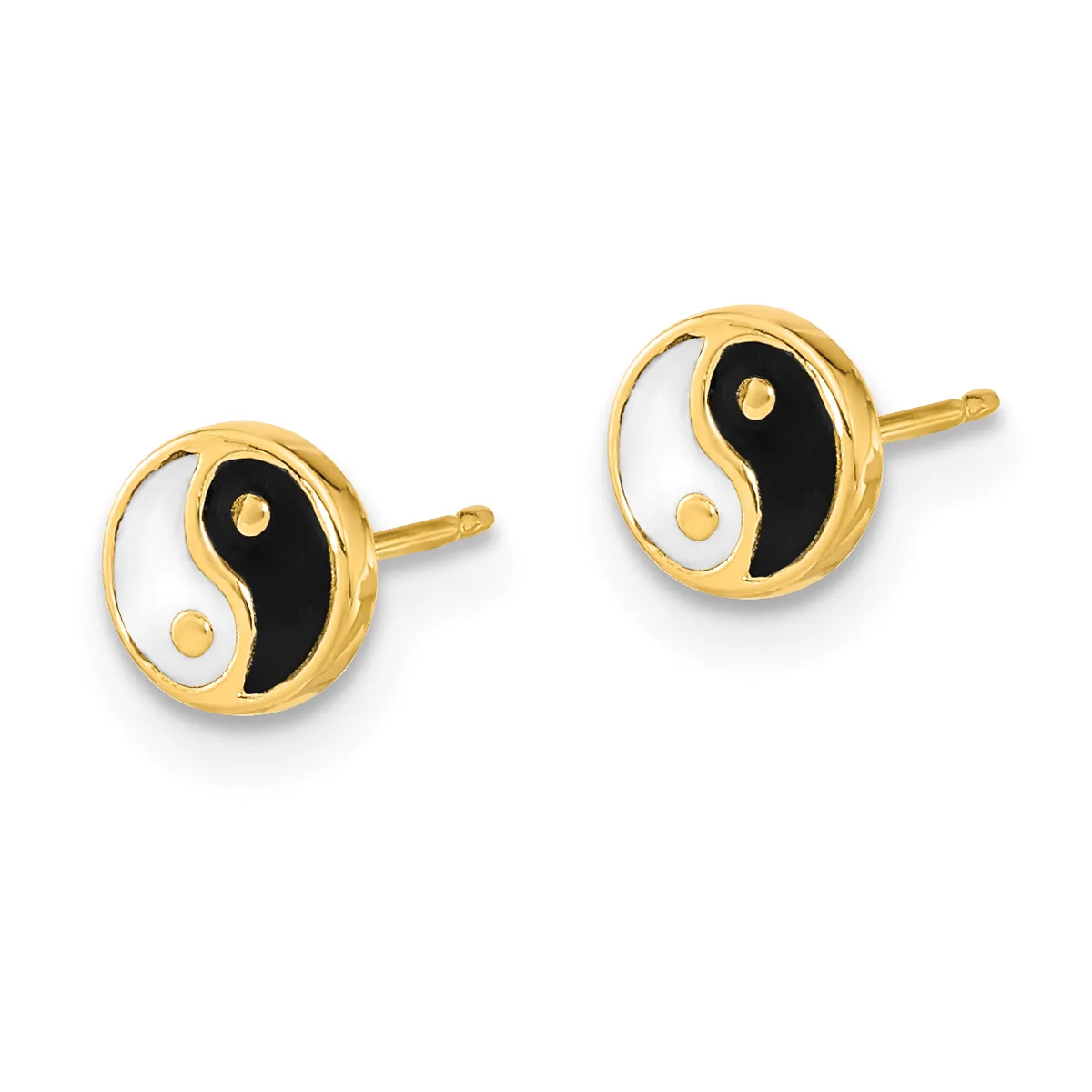 Pair of gold yin-yang stud earrings with black enamel and white enamel details, shown on white background.