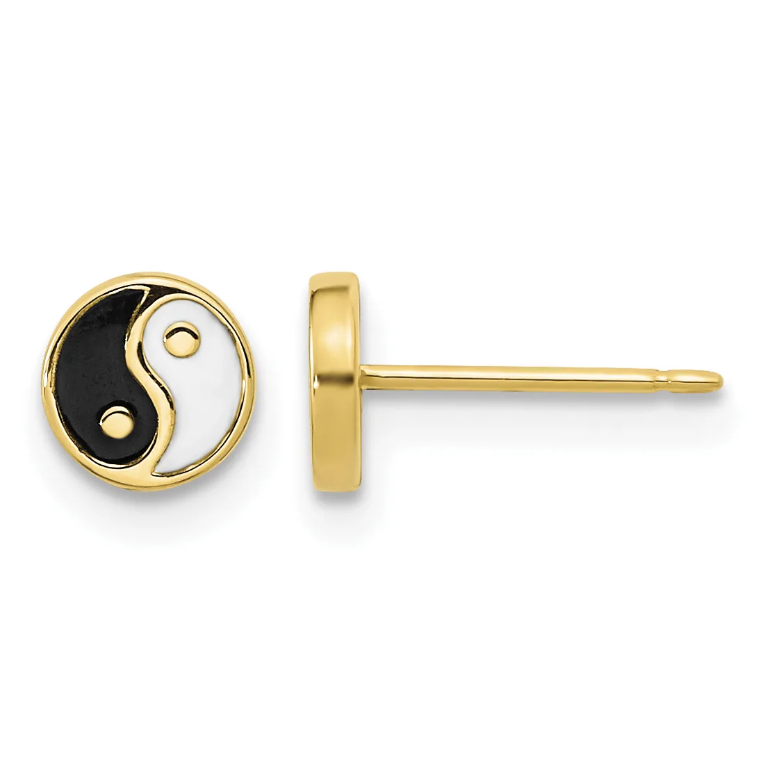 Pair of gold yin-yang stud earrings shown from front and side view, featuring black and white enamel inlay in circular design.