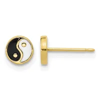 Pair of gold yin-yang stud earrings shown from front and side view, featuring black and white enamel inlay in circular design.