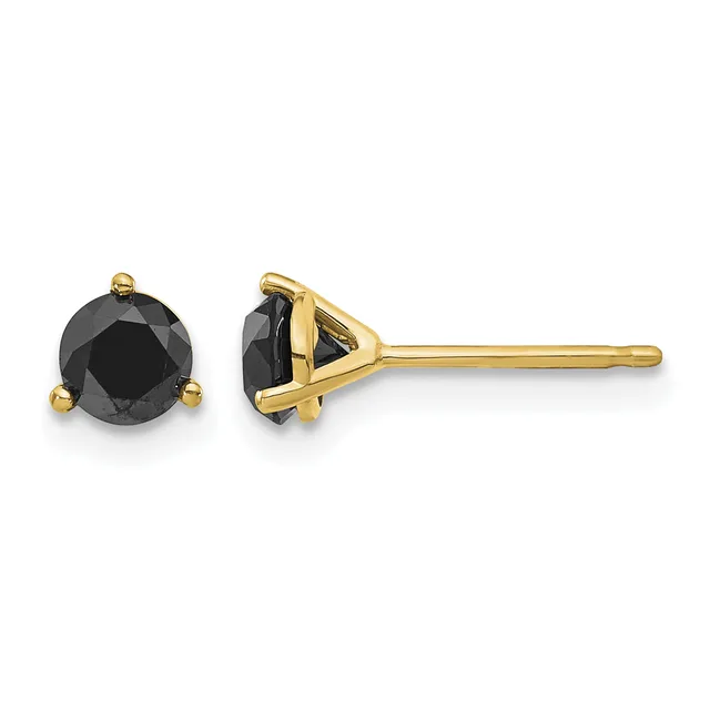 Pair of gold stud earrings with round black faceted stones set in three-prong triangular settings, shown from front and side views.