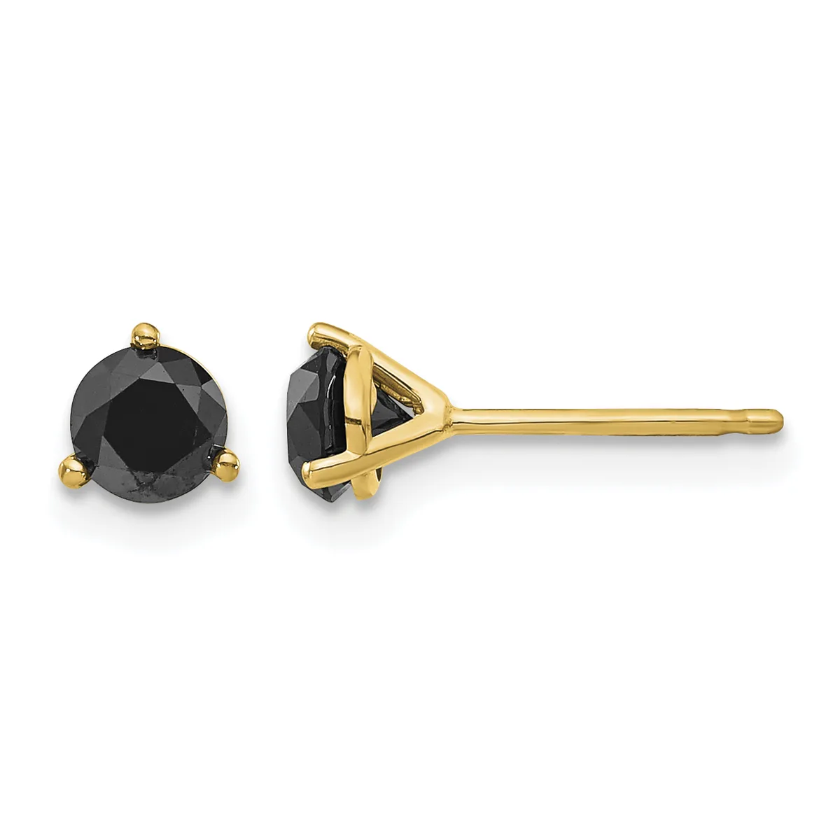 Pair of gold stud earrings with round black faceted stones set in three-prong triangular settings, shown from front and side views.