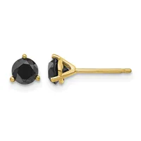 Pair of gold stud earrings with round black faceted stones set in three-prong triangular settings, shown from front and side views.