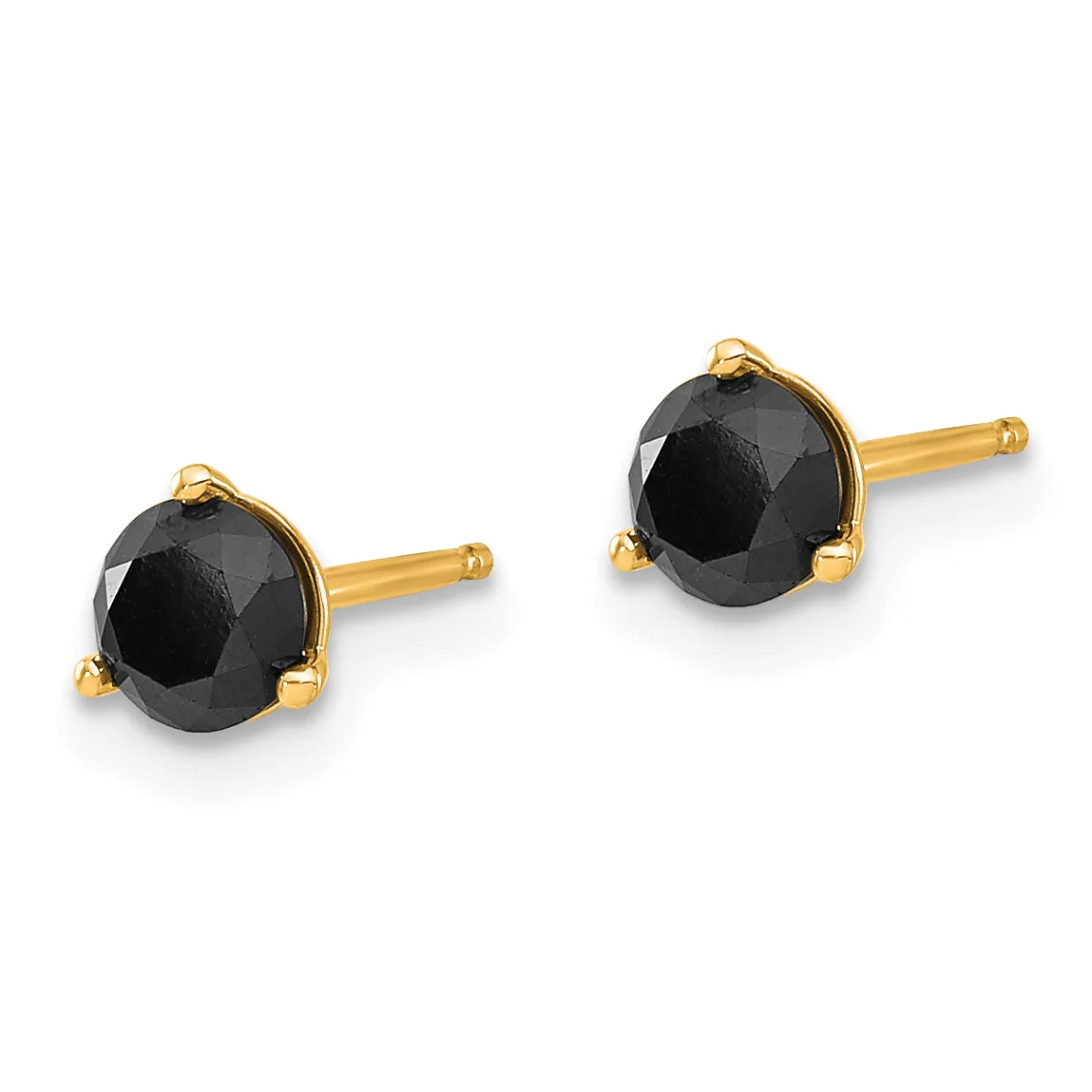 A pair of gold stud earrings with faceted black gemstones set in prong settings.