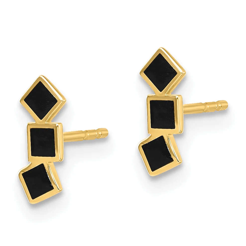 A pair of gold stud earrings with three connected square black onyx stones arranged vertically on each earring, displayed against a white background.