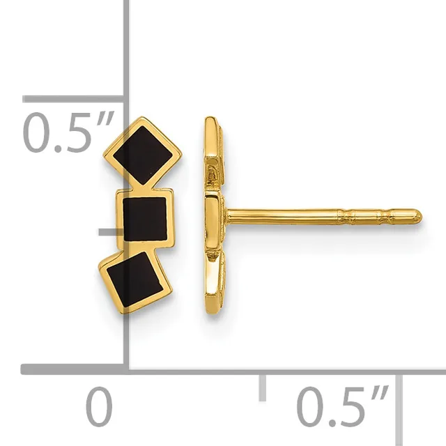 Gold stud earrings with three small black square stones arranged vertically, shown front and side view against a measurement scale indicating 0.5 inches in length.