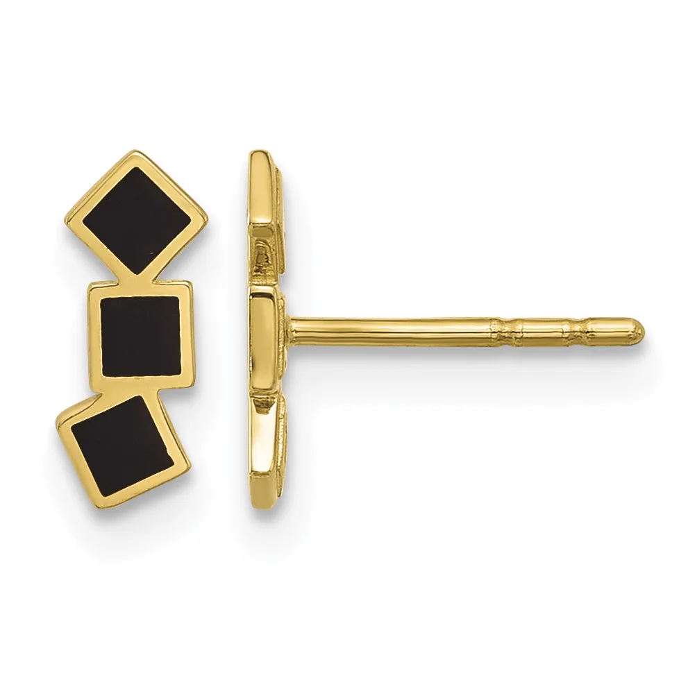 Gold stud earrings with three stacked square black onyx stones arranged vertically, shown from front and side views.