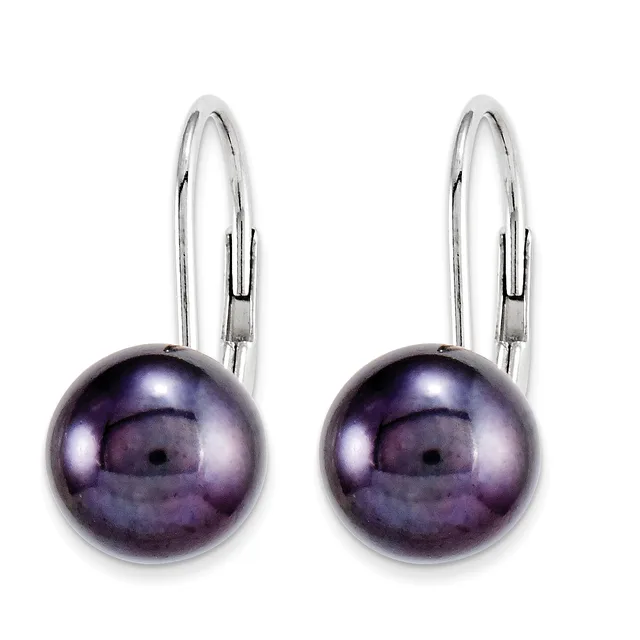 A pair of silver lever-back earrings with dark purple pearl drops hanging against a white background.