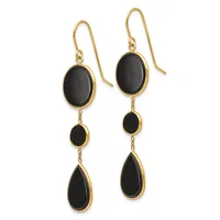 A pair of gold-tone dangle earrings with black onyx stones in oval and teardrop shapes, connected by delicate chain links.