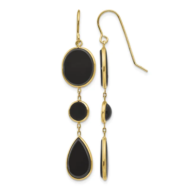 A pair of gold-toned earrings with black onyx stones in oval and teardrop shapes, displayed front and back views.