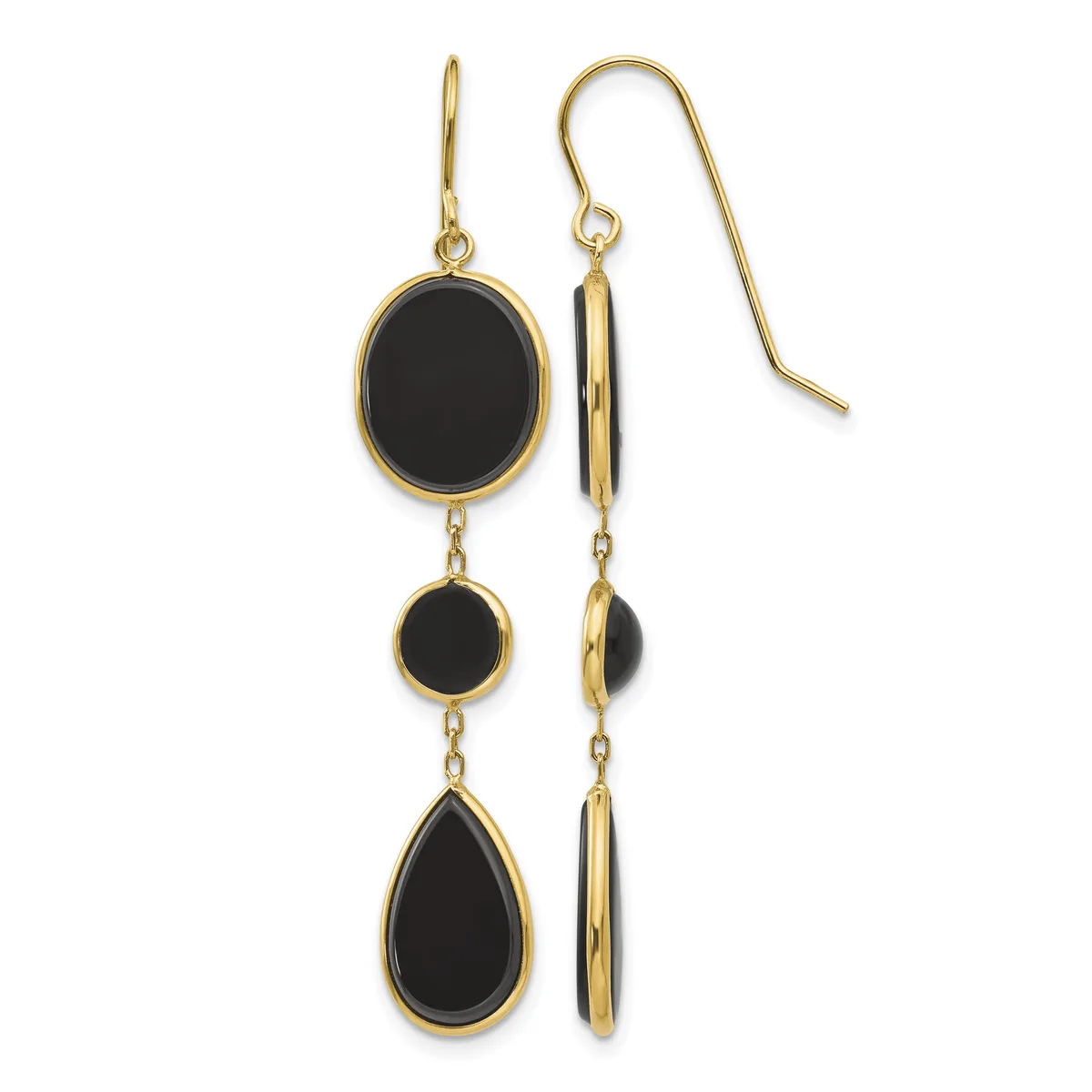 A pair of gold-toned earrings with black onyx stones in oval and teardrop shapes, displayed front and back views.
