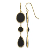A pair of gold-toned earrings with black onyx stones in oval and teardrop shapes, displayed front and back views.
