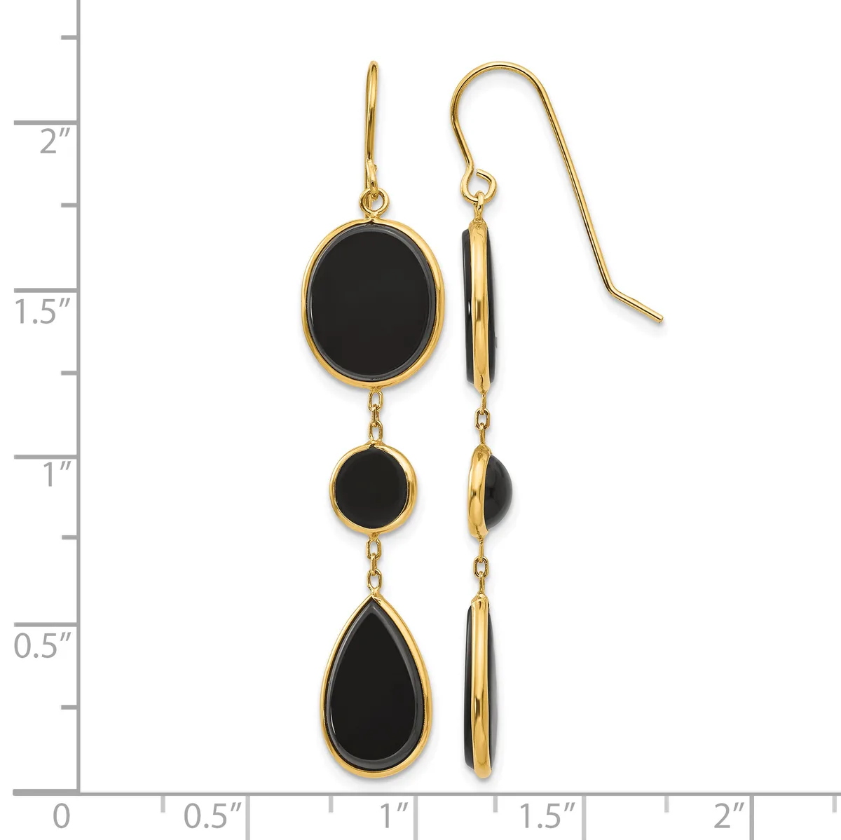 Gold-toned drop earrings with black onyx stones in oval and teardrop shapes, shown on a measurement scale.