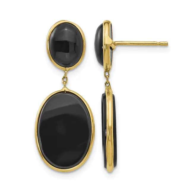 Pair of gold-framed dangle earrings with black oval onyx stones, shown from front and side views with posts and backs visible.