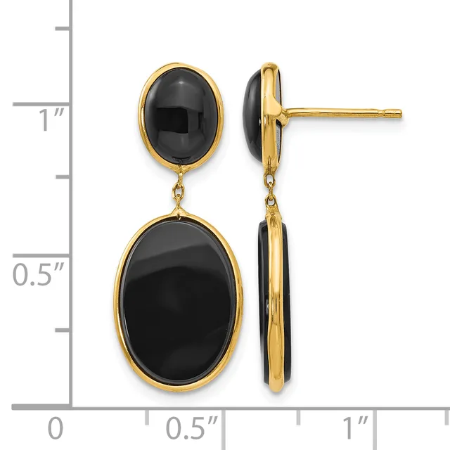 Pair of gold-toned drop earrings with small oval black onyx tops and larger oval black onyx bottoms, shown front and side view against a measurement scale.