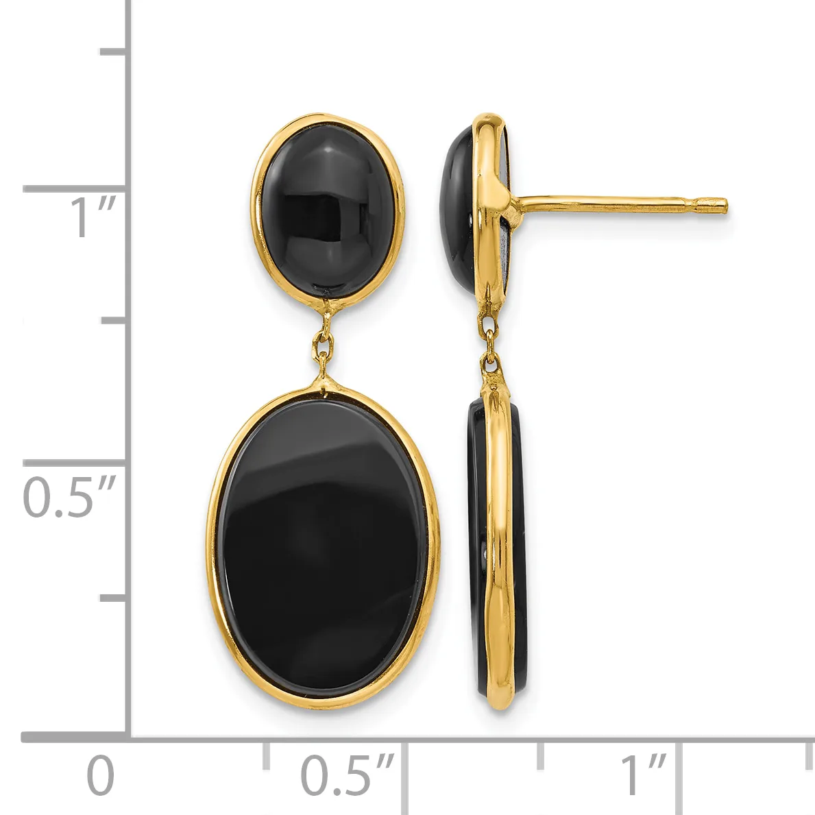 Pair of gold-toned drop earrings with small oval black onyx tops and larger oval black onyx bottoms, shown front and side view against a measurement scale.