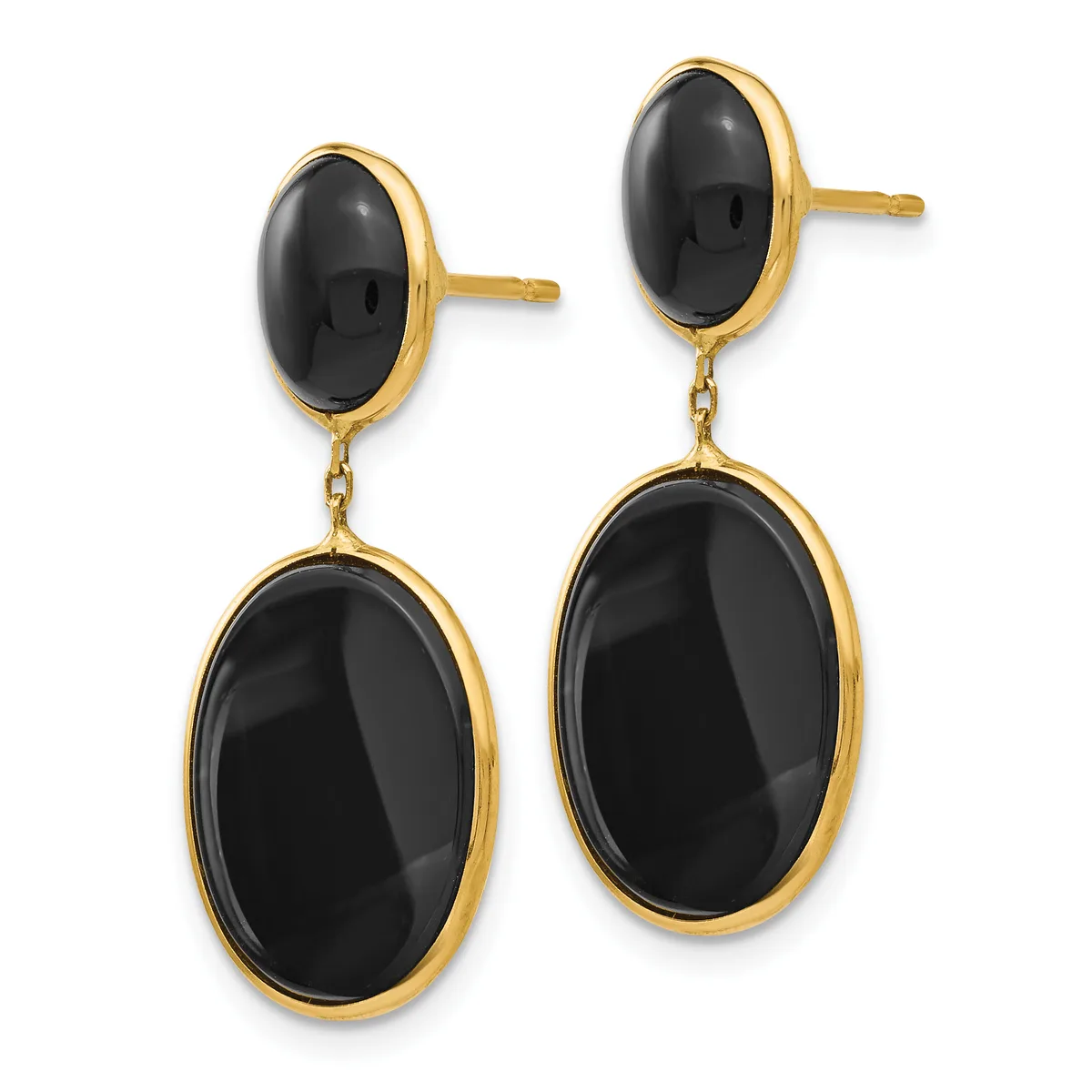 Pair of gold-toned dangle earrings with oval black onyx stones, featuring smaller oval studs at the top connected by delicate chains to larger oval pendants below.