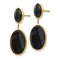 Pair of gold-toned dangle earrings with oval black onyx stones, featuring smaller oval studs at the top connected by delicate chains to larger oval pendants below.