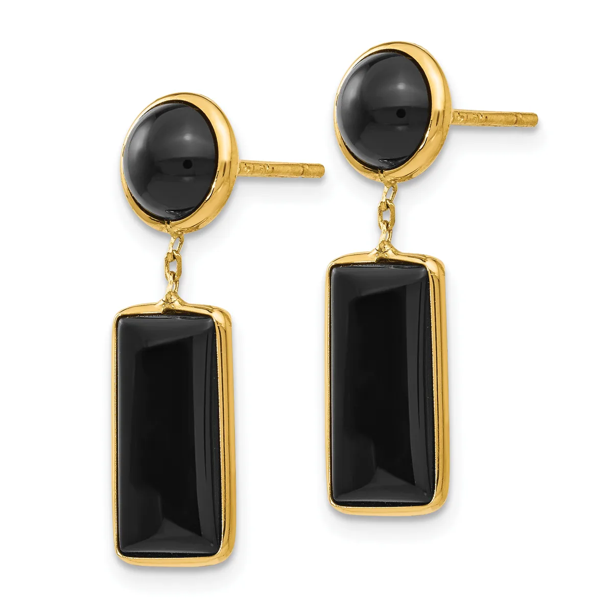 Pair of gold-toned dangle earrings with black onyx stones, featuring oval cabochon tops connected by delicate chains to rectangular polished stone drops below.