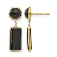 Gold-toned earrings with a round polished black stone on top and a rectangular black stone pendant below, shown from front and side views.