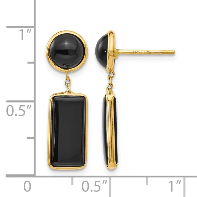 Gold-plated drop earrings with black onyx stones, featuring a round cabochon top stone and rectangular pendant below, shown against a measurement scale.