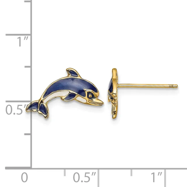 Gold stud earrings shaped like dolphins with dark blue enamel coating, shown next to a ruler indicating approximately one inch in length.