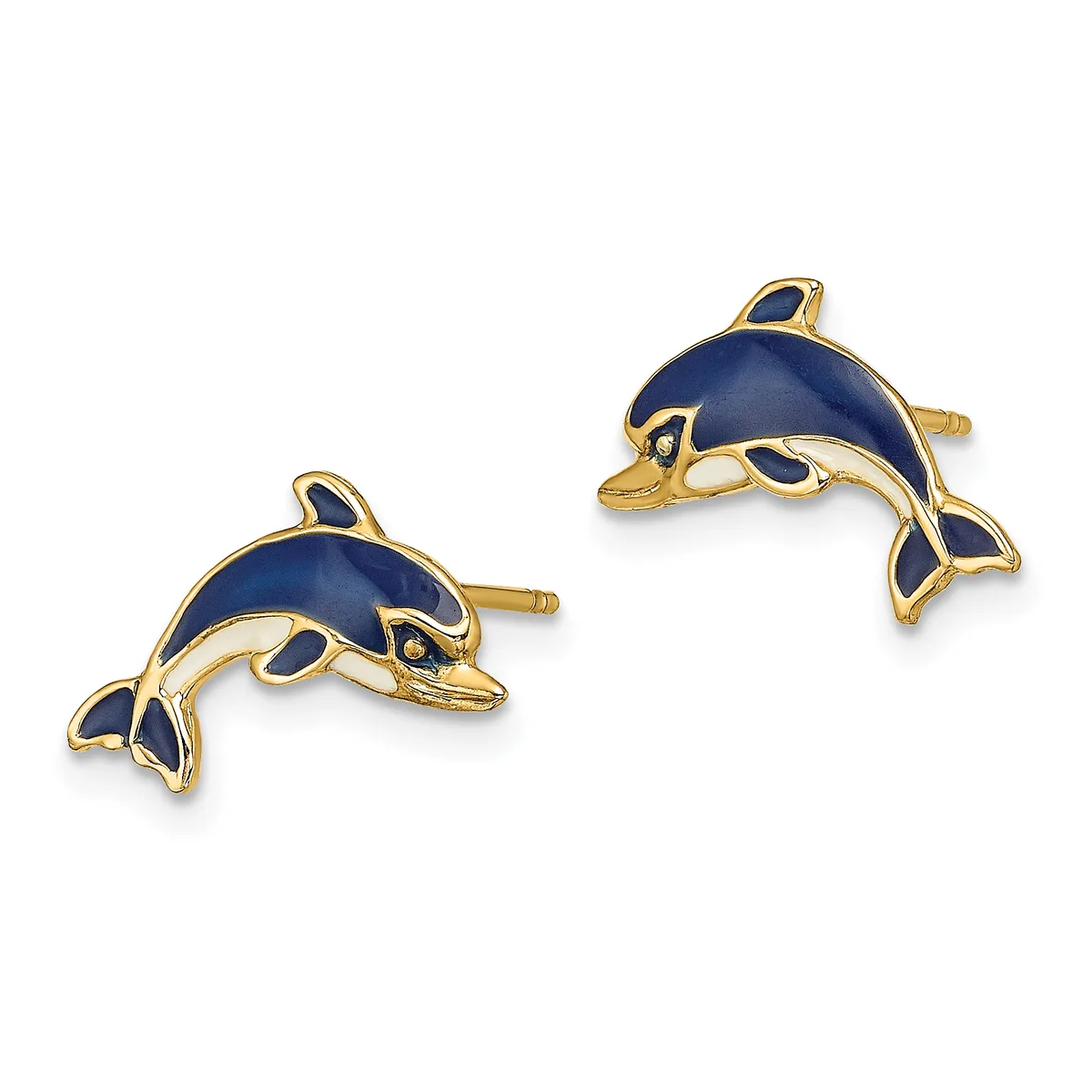 A pair of gold stud earrings shaped like dolphins with dark blue enamel bodies and gold-toned fins and details.