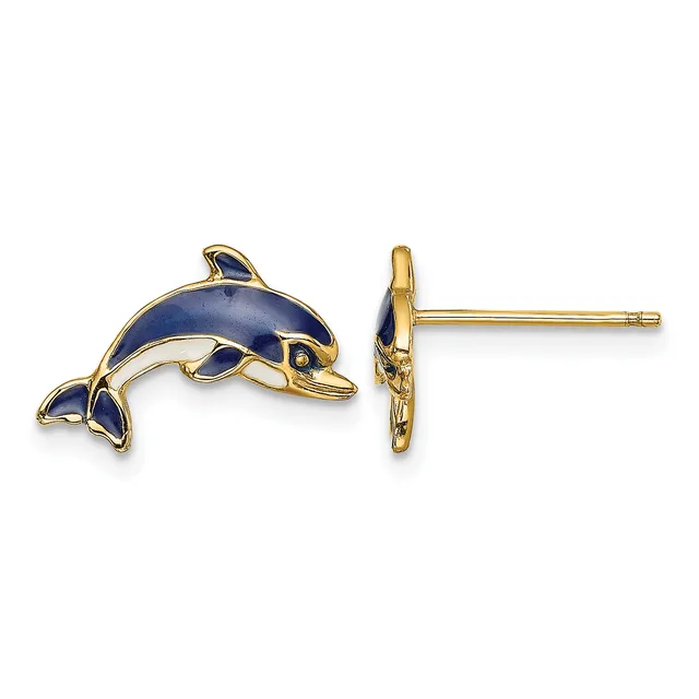 A pair of gold stud earrings featuring blue enamel dolphin charms, shown from front and side views.