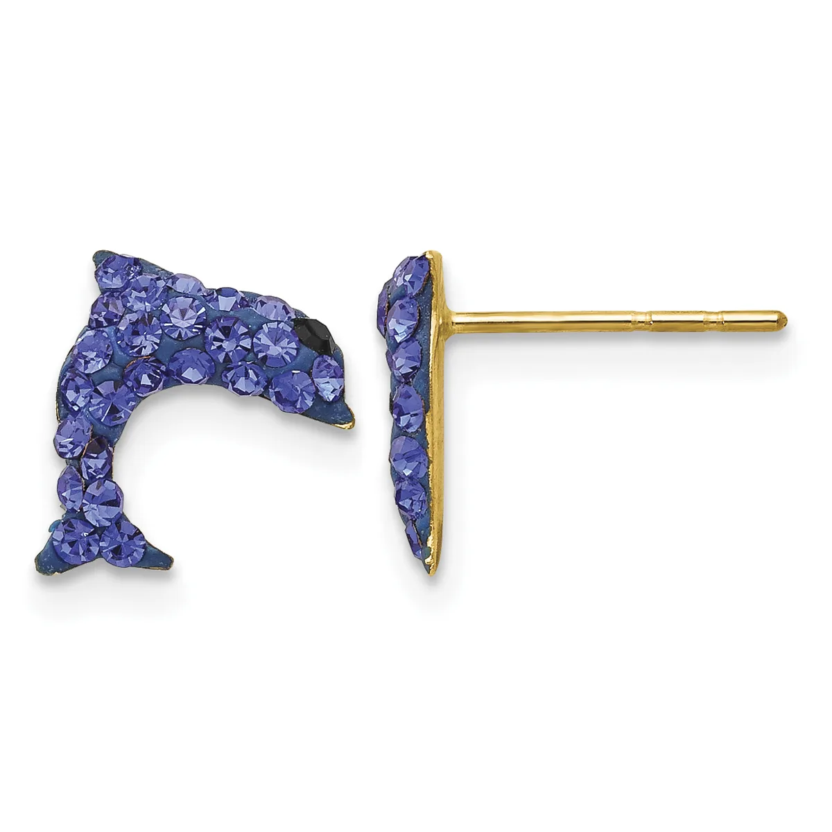 Pair of dolphin-shaped stud earrings with purple crystals set in gold-tone metal, shown from front and side views.