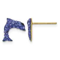 Pair of dolphin-shaped stud earrings with purple crystals set in gold-tone metal, shown from front and side views.